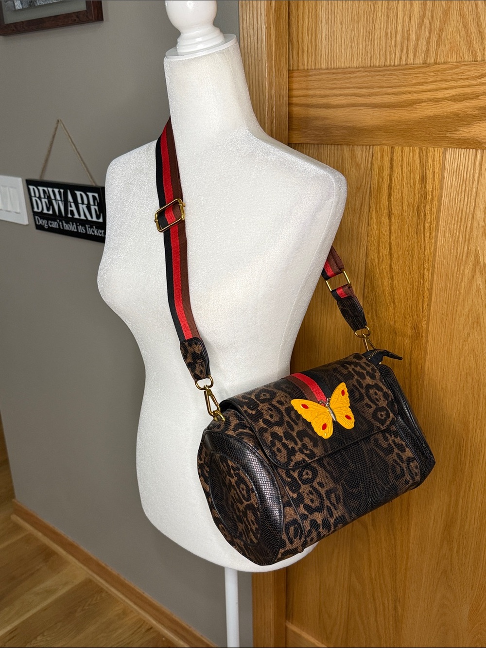 Leopard Print Crossbody Bag with Yellow Butterfly Accent